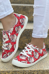 Fiery Red Christmas Santa Print Lace Up Flat Sneakers