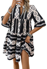 Black Abstract Print Bell Sleeve V Neck Boho Dress