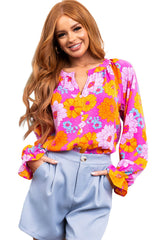 Rose Flower Print V Neck Relaxed Sleeve Blouse