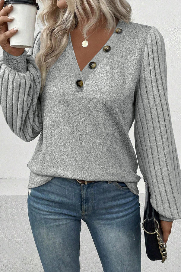 Light Grey Button Detail V Neck Ribbed Bishop Sleeve Top