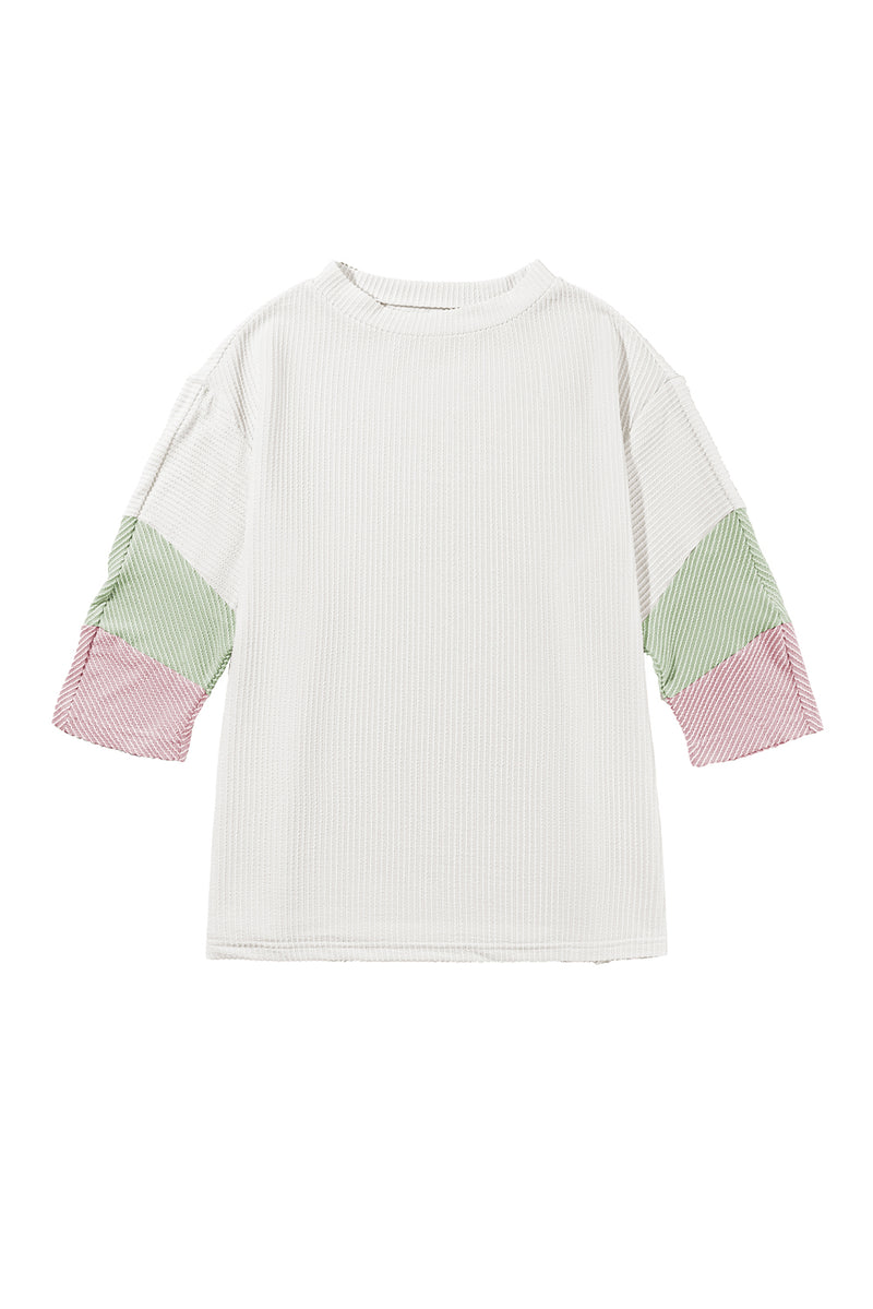 White Ribbed Colorblock Drop Sleeve Top