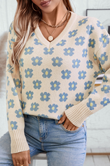 Jet Stream Cute Flower V-neck Knitted Sweater