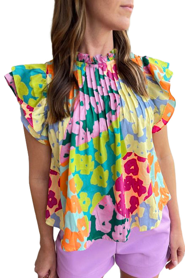 Multicolor Abstract Print Layered Ruffle Sleeve Pleated Blouse