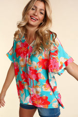 PLUS DROP SHOULDER DOLMAN BANDED FLORAL WOVEN TOP