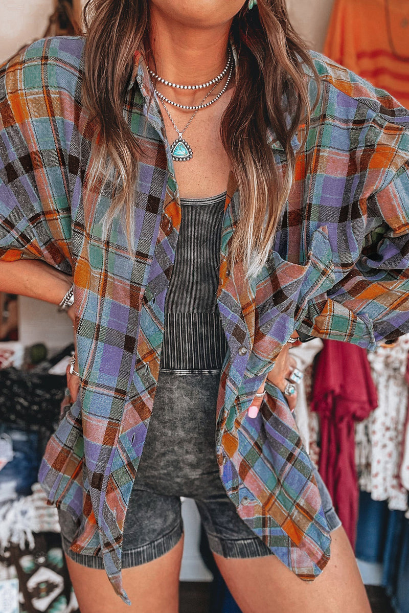 Orange Plaid Print Pocket Loose Shirt