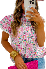 Multicolor Abstract Print High Neck Flutter Sleeves Top