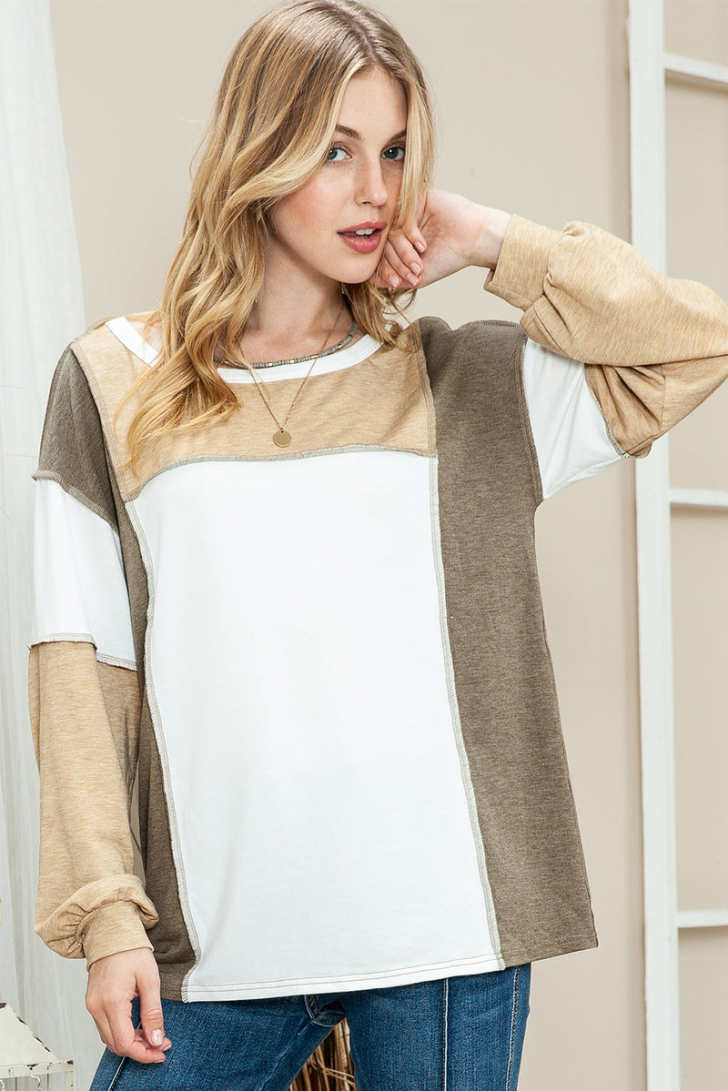 Khaki Color Block Exposed Seam Long Sleeve Top