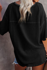 Black Waffle Knit Casual Drop Shoulder Loose Top