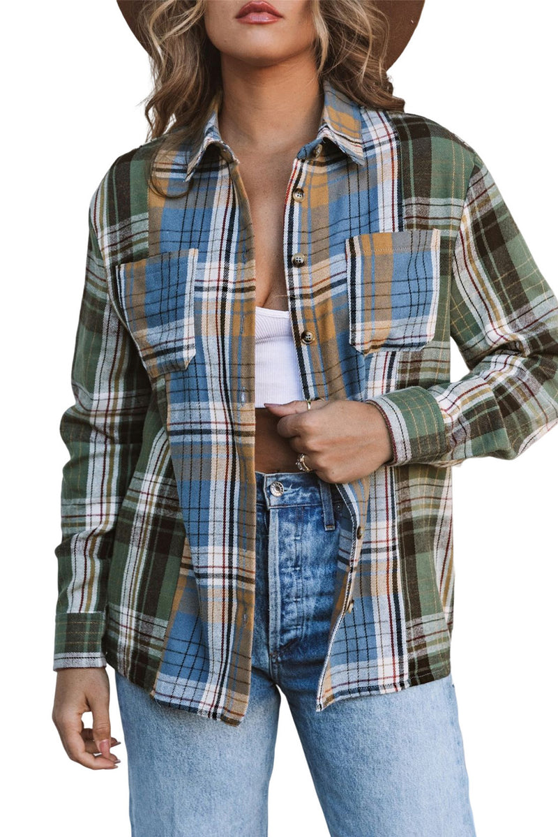 Green Plaid Colorblock Casual Pockets Button Up Shacket