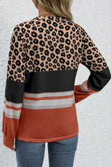 Khaki Leopard Striped Color Block Long Sleeve Top