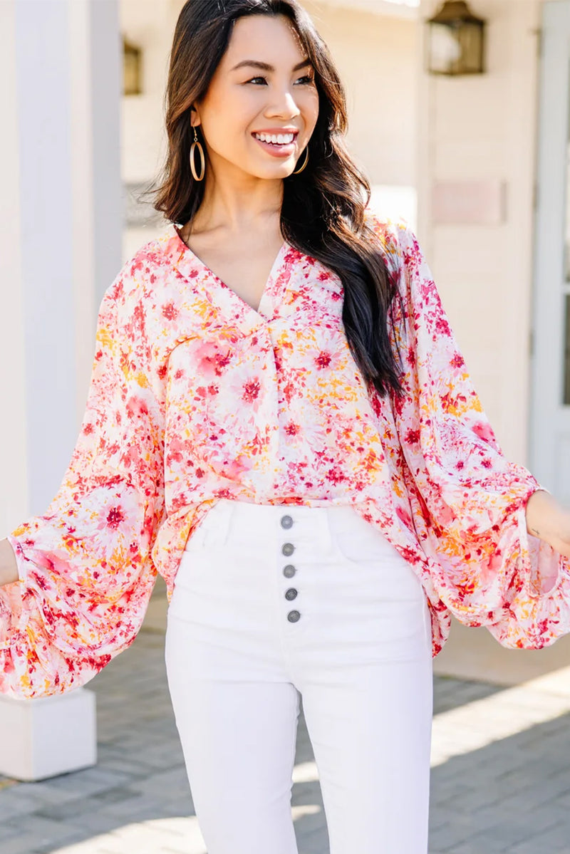 Pink Floral Print V-Neck Lantern Sleeve Blouse