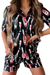 Black Champagne Print Silky Short Sleeve Pajamas Set
