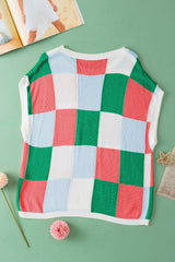 Dark Green Checkered Color Block Cap Sleeve Knitted Top