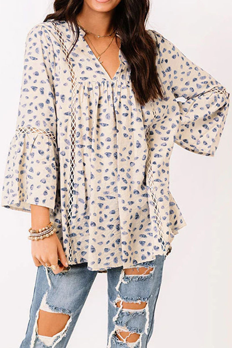 Animal Spot Print Boho Notch Neck 3/4 Sleeve Peasant Blouse