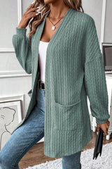 Chestnut Textured Knit Side Pockets Open Front Cardigan