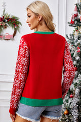 Racing Red Christmas Letter Jacquard V-Neck Knitted Cardigan