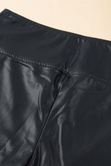 Black Piping Trim Sleek Leather High Waist Leggings