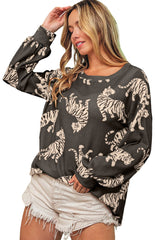 White Animal Print Drop Sleeve Pullover Sweatshirt