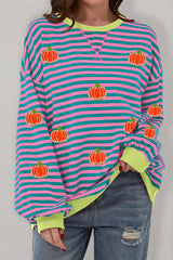 Sky Blue Stripe Glitter Halloween Pumpkin Print Oversized Sweatshirt