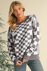 Carrot Checkered Drop Shoulder Round Neck Sweater