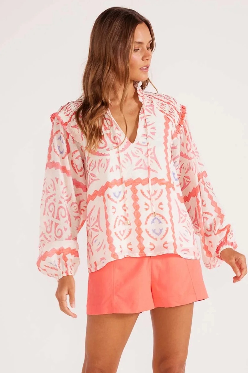 Abstract Print V Neck Smocked Long Sleeve Blouse