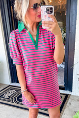 Pink Stripe Collared V Neck Puff Sleeve T Shirt Dress