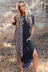 Rose Leopard Patchwork Pocket Casual T-Shirt Dress With Slits