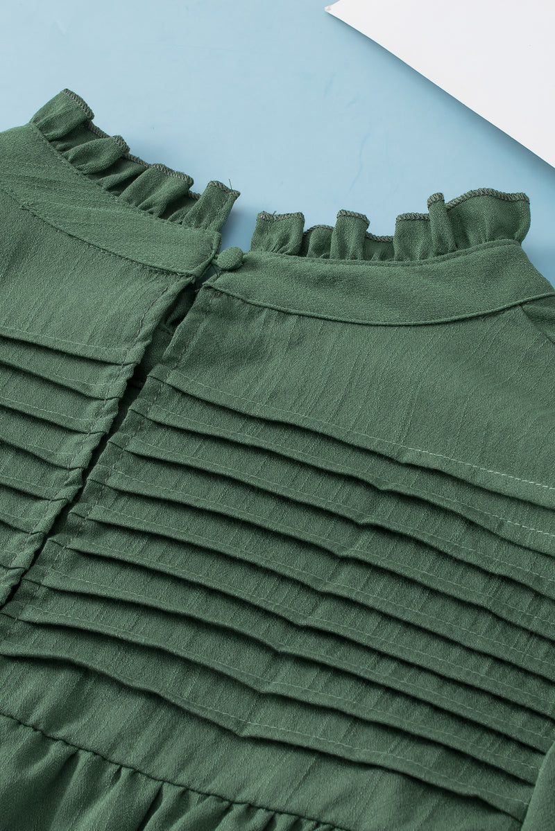 Green Ruffled Solid Color Pleated Long Sleeve Blouse