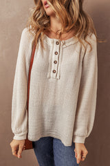 Oatmeal Waffle Knit Raglan Sleeve Loose Henley Top