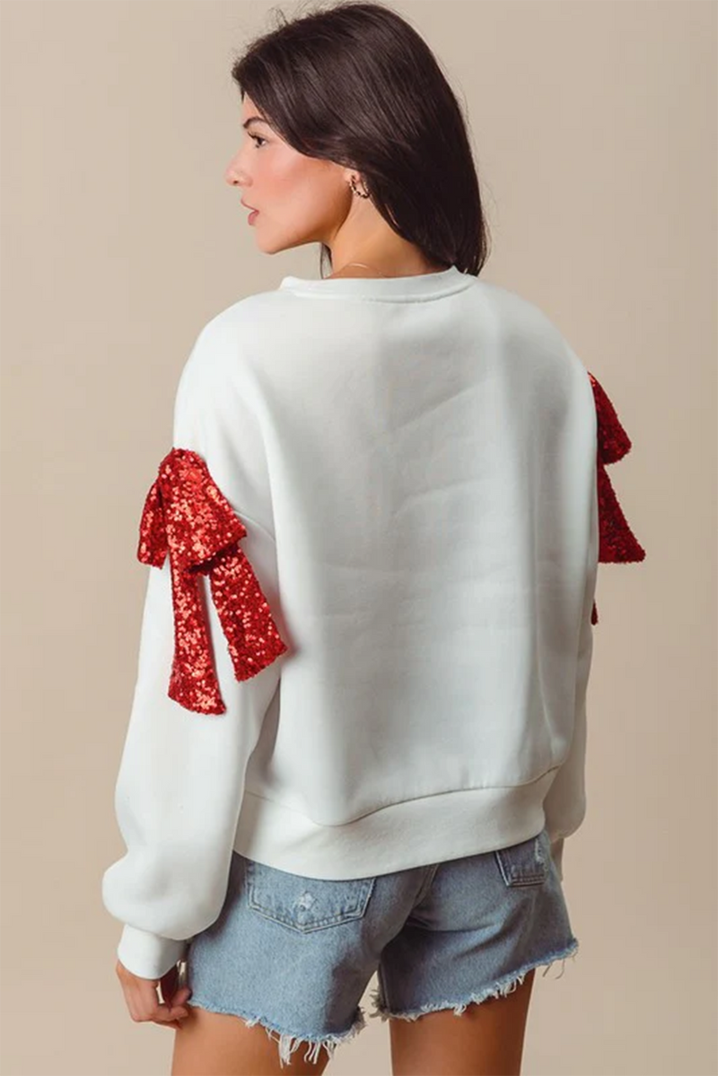 White Bow Knot Long Sleeve Crewneck Casual Sweatshirt