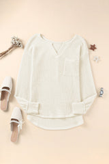 Beige Split V Neck Patch Pocket Waffle Knit Long Sleeve Top