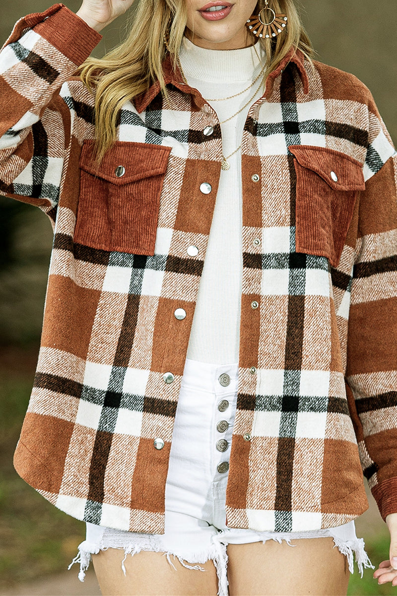 Brown Plaid Pocket Casual Buttons Up Shirt Shacket