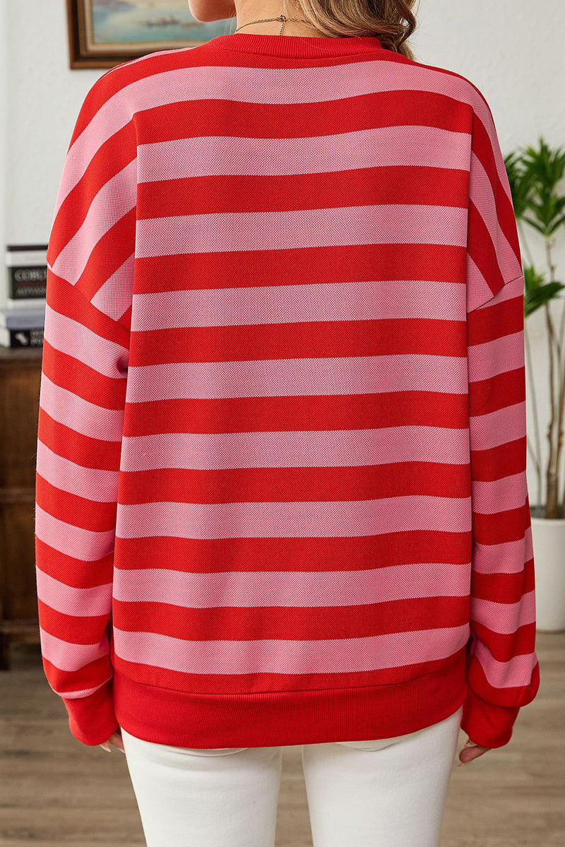 Red Stripe Round Neck Drop Shoulder Sweatshirt