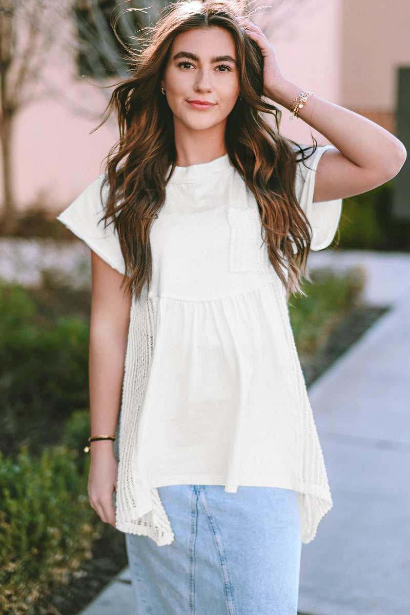 White Hollow Knit Splicing Keyhole Back Tunic Top