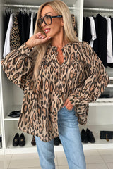 Light Beige Leopard Print Balloon Sleeve Loose Blouse