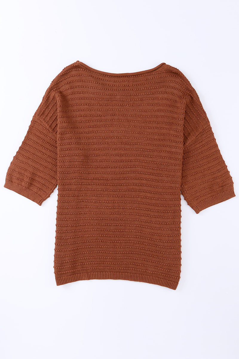 Brown Solid Color Rib-Knit Drop Sleeve Side Slits Top