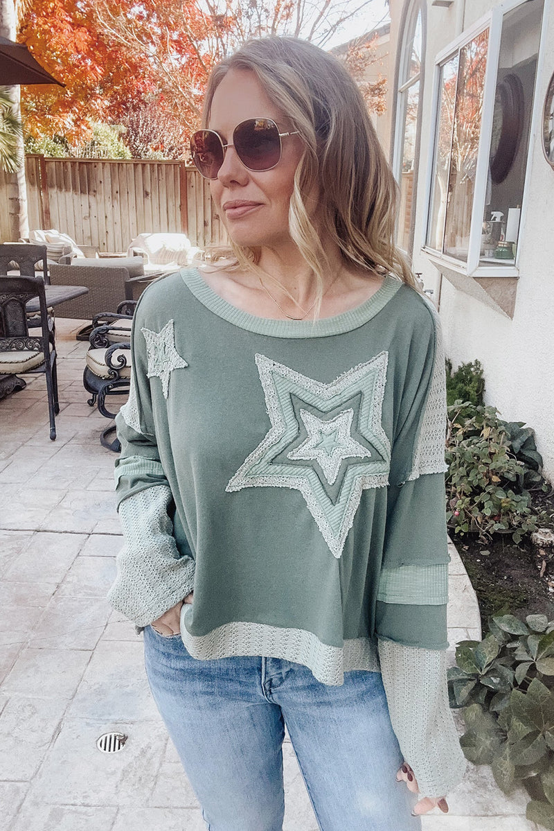 Mist Green Stars Patchwork Round Neck Plus Size Top