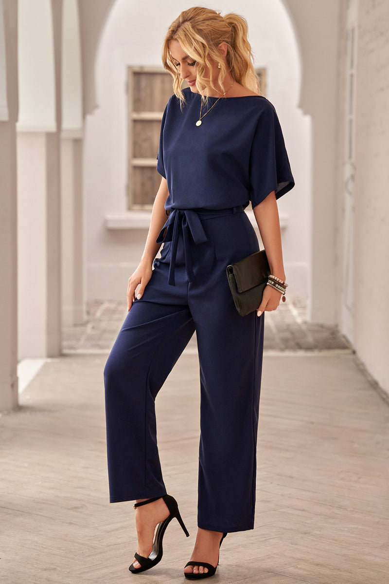 Dark Blue Solid Color Casual Belted Wide Leg Jumpsuit