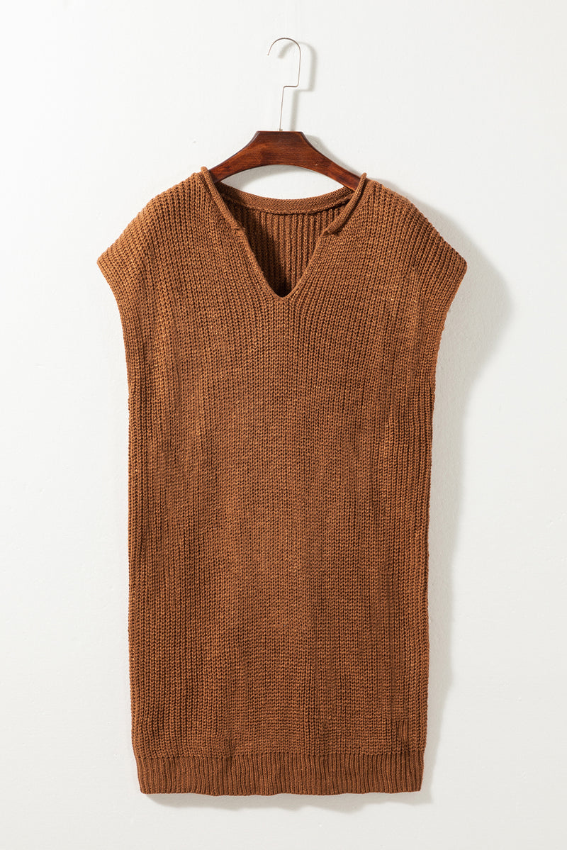 Camel V Neck Loose Fit Mini Knitted Dress