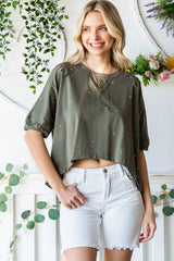 Green Half Sleeve Distressed Asymmetrical Top