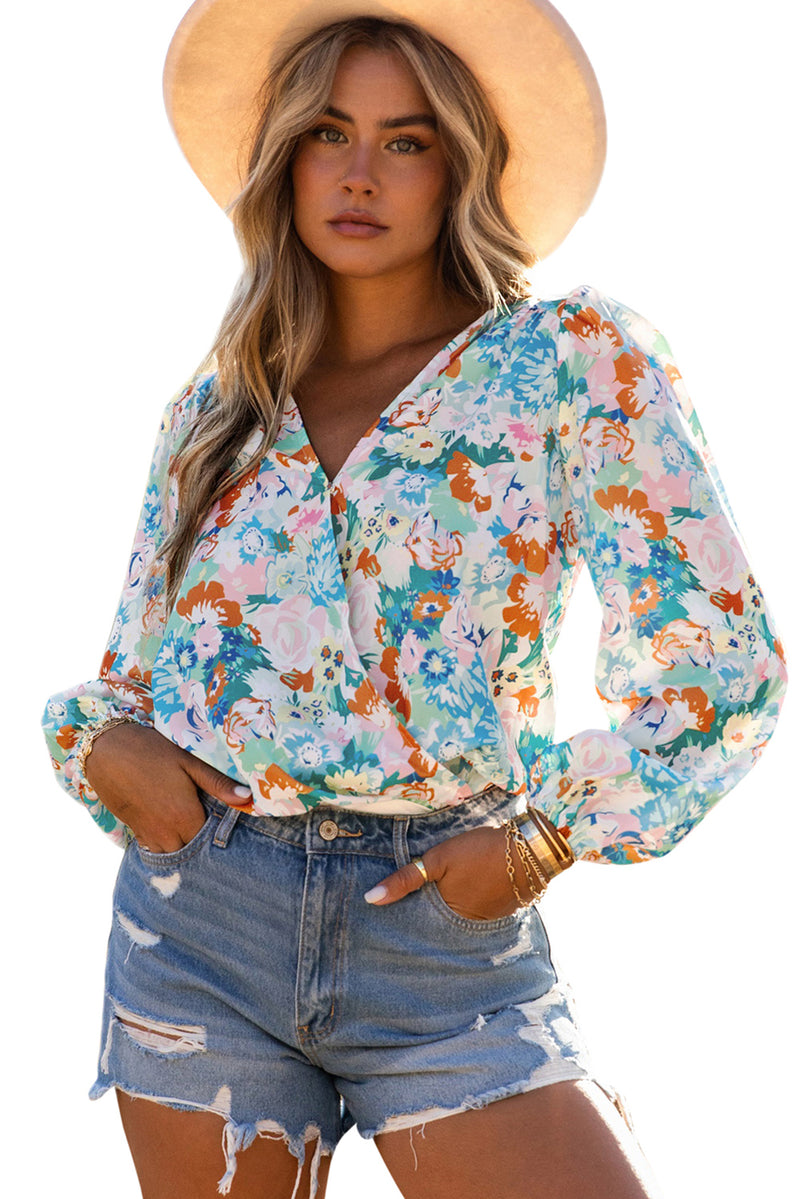 Light Blue Floral Print Boho Wrap V Neck Puff Sleeve Bodysuit