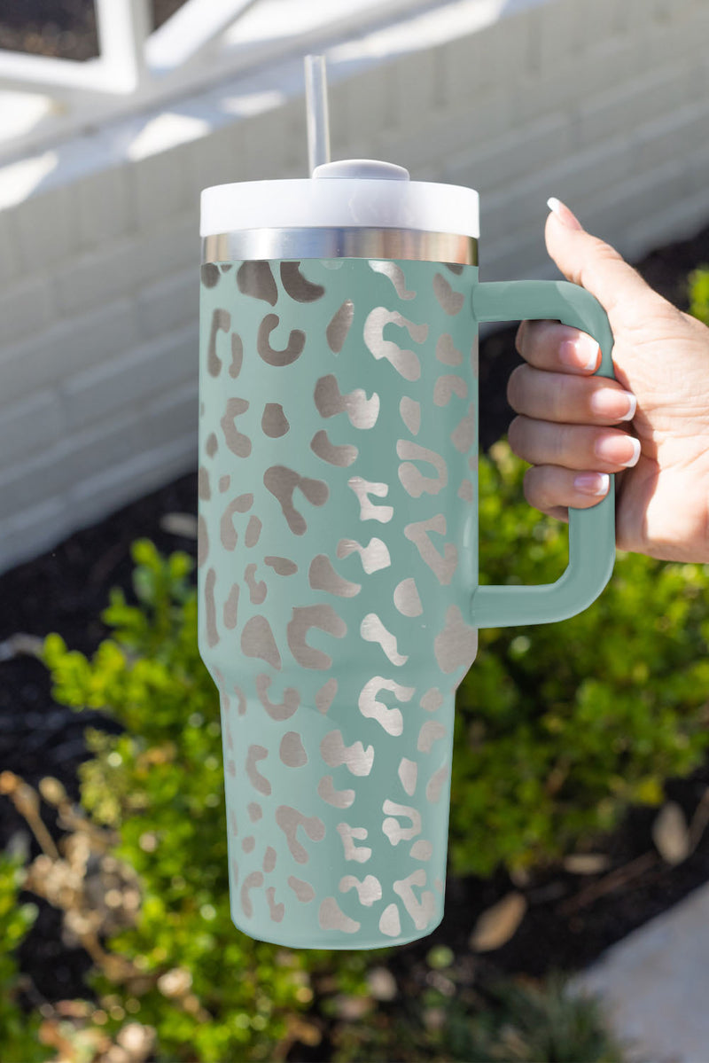 Green 40oz Stainless Steel Portable Leopard Tumbler Mug With Handle