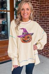 White Glittering Pumpkin Wizard Graphic Exposed Seam Halloween Sweatshirt