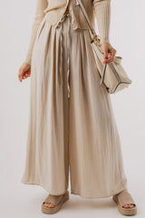 Beige Casual Lace-up Waist Pleated Wide Leg Pants