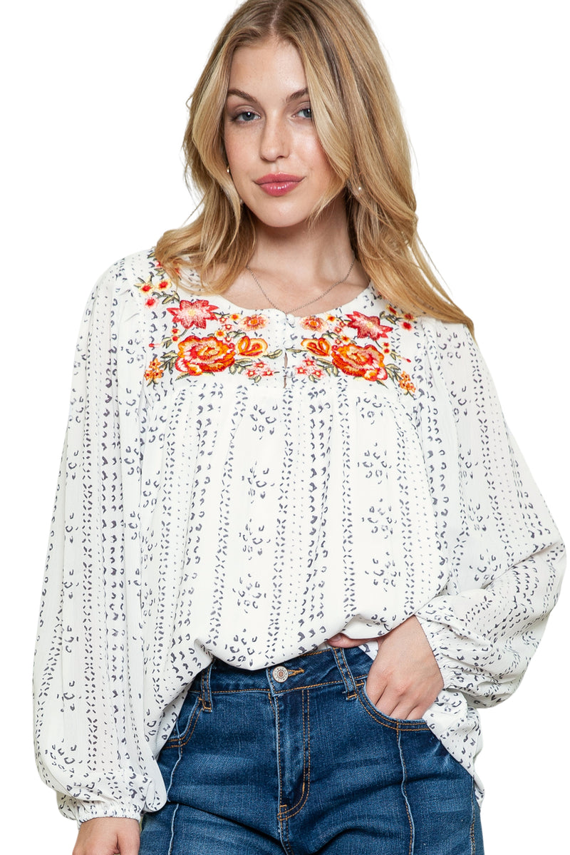 Beige Bohemian Floral Embroidered Printed Buttons Front Blouse