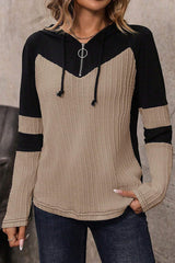 Parchment Textured Patchwork Long Sleeve Hooded Top