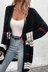 Perfee Striped Rib-Knit Drop Shoulder Open Front Cardigan