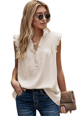 White Smocked Button Front V Neck Sleeveless Shirt