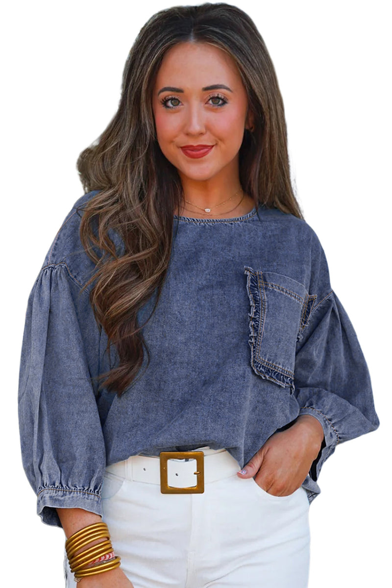 Sky Blue Frill Trim Puff Sleeve Pocket Denim Blouse