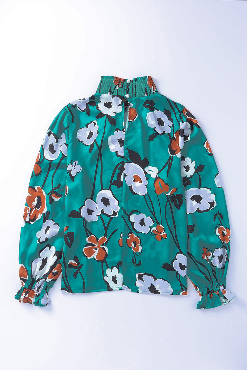 Green Mock Neck Top Floral Print Long Sleeve Silk Blouse